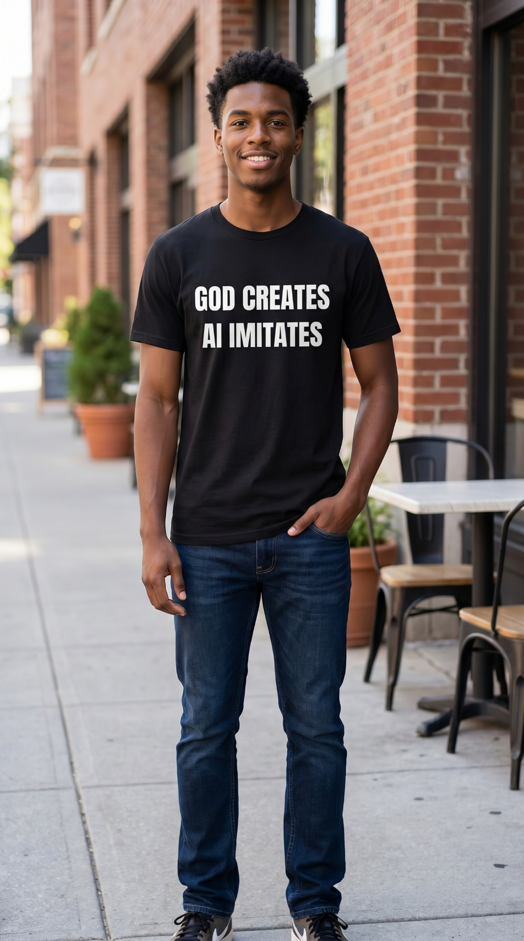 Man wearing the God Creates, AI Imitates tee