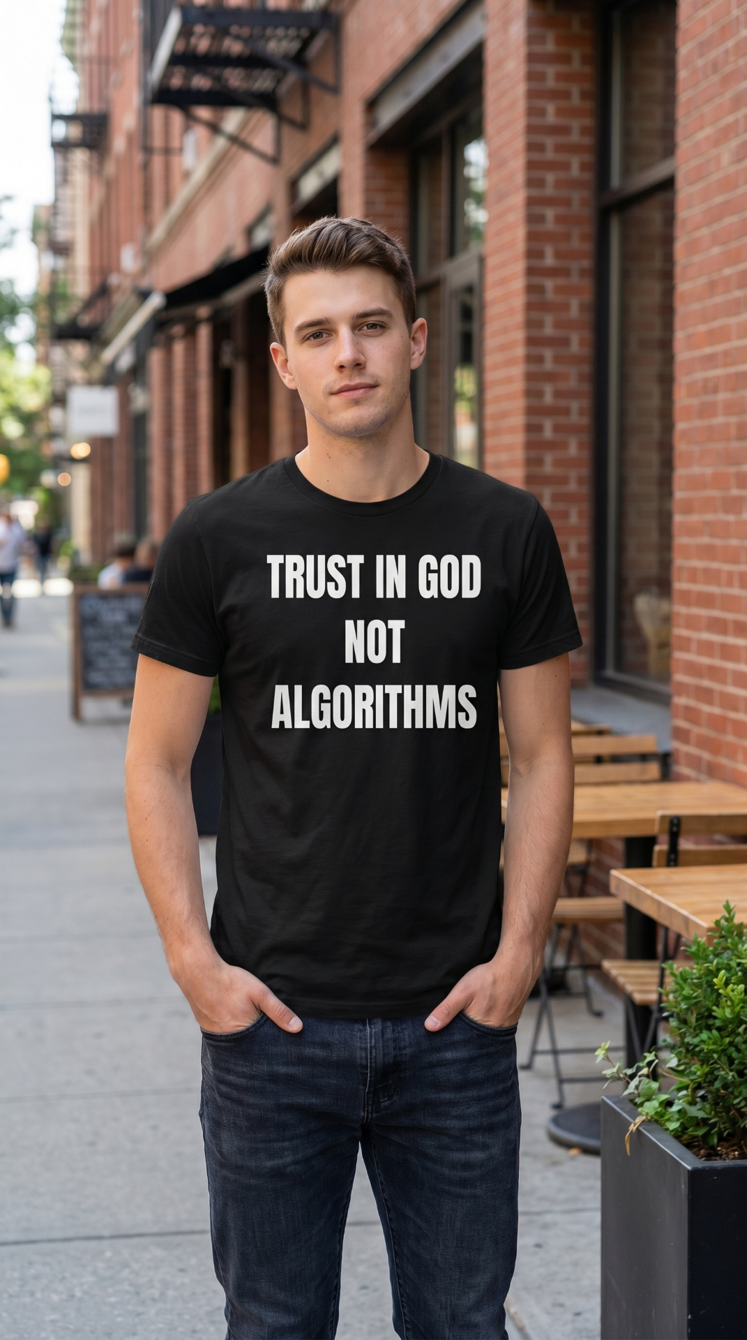 Man wearing the Trust In God Not Algorithms tee