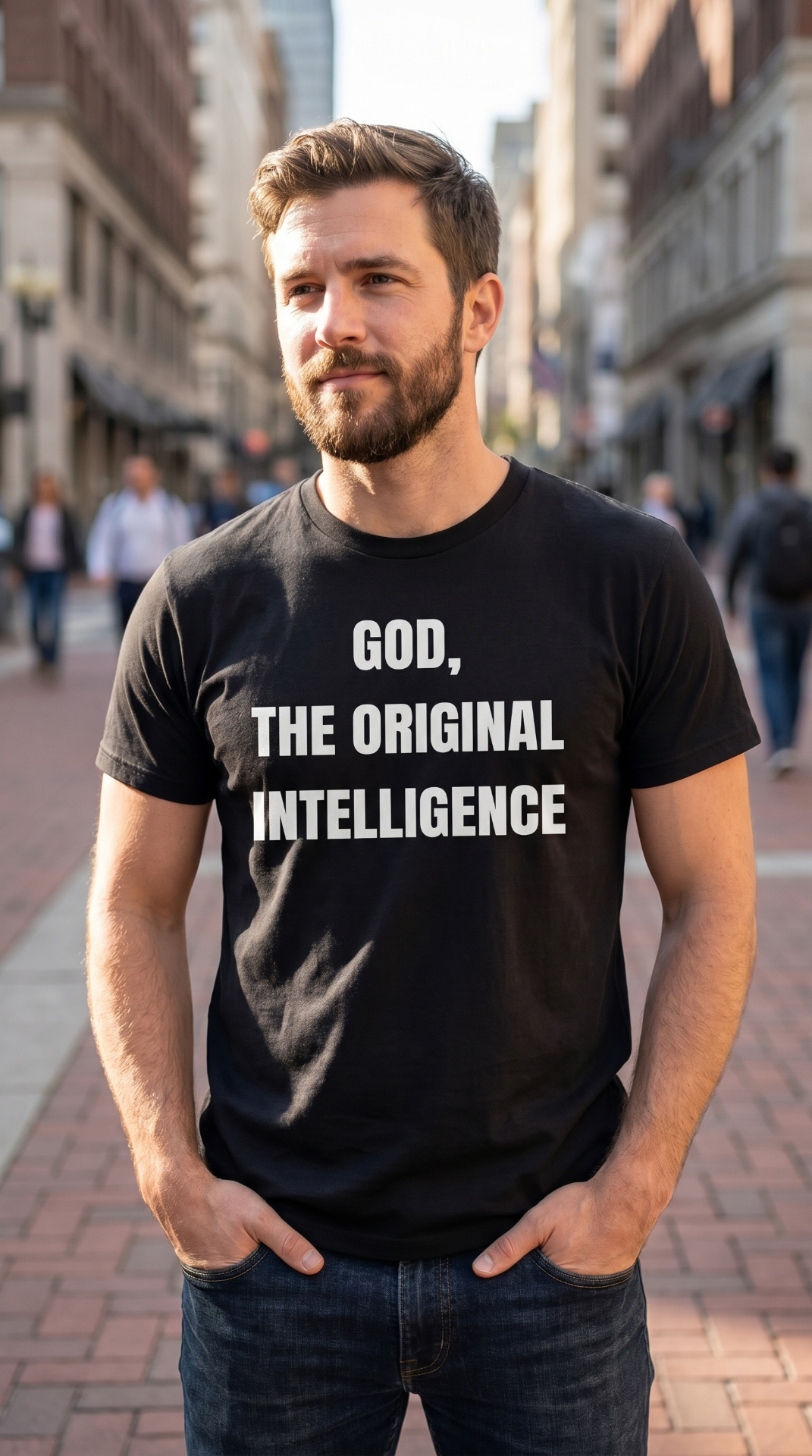 Man wearing the God, The Original Intelligence tee