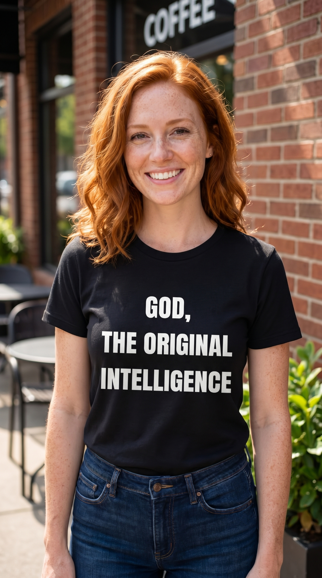 Woman wearing the God, The Original Intelligence tee