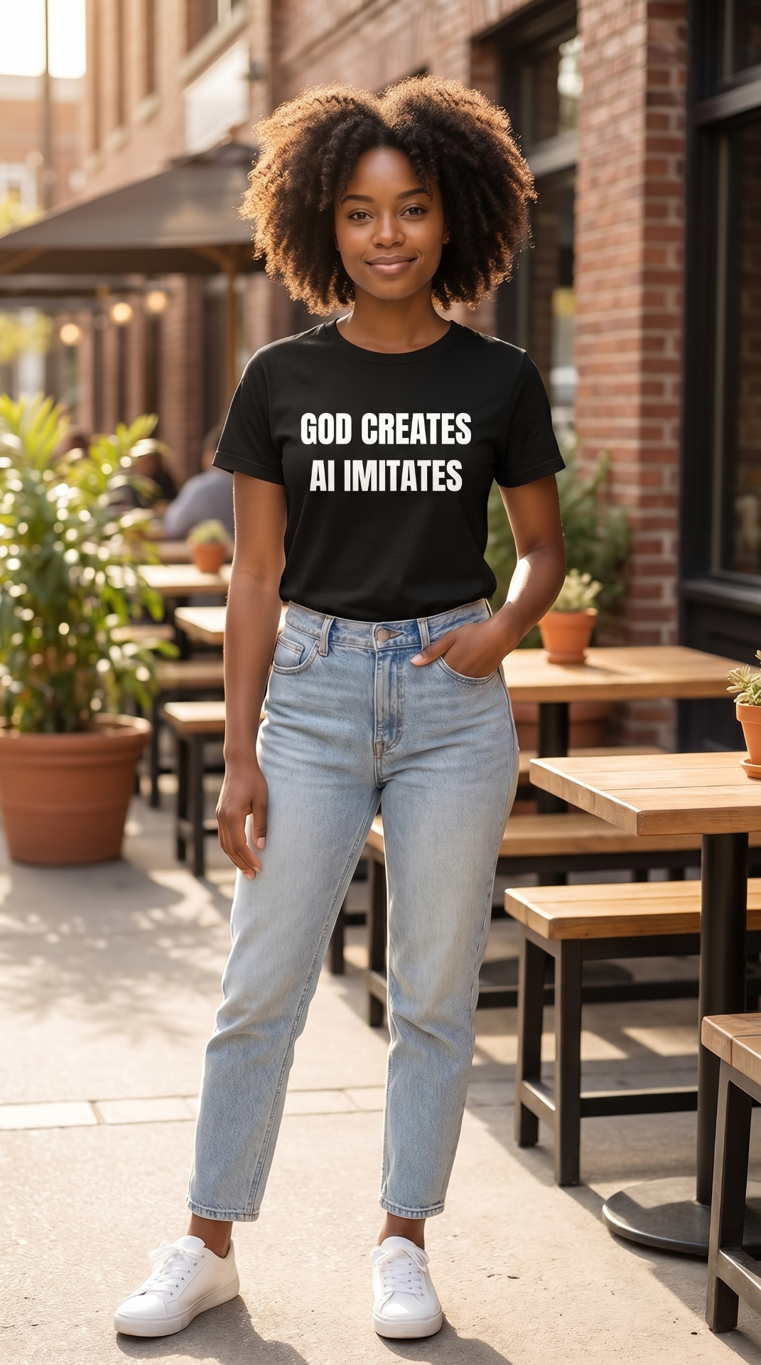 Woman wearing the God Creates, AI Imitates tee